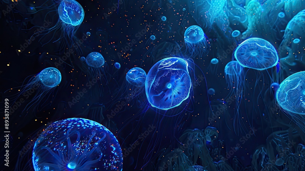 Bioluminescent plankton glowing in midnight ocean otherworldly backdrop Bioluminescent plankton glowing in midnight ocean otherworldly backdrop