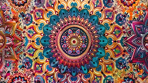 Mandala patterns in vibrant jewel tones radiating from a central point