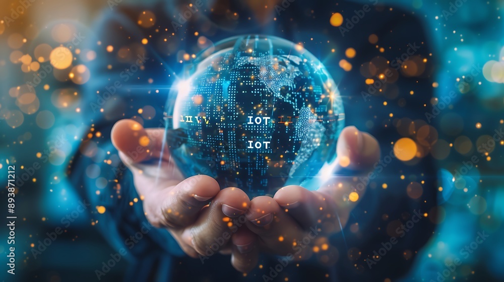 Hands Holding a Digital Globe with IOT Concept Hands Holding a Digital Globe with IOT Concept
