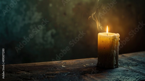 Text space available with candle placed on wooden table in dimly lit backdrop