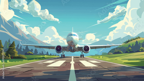 Passenger Jet Takes Off from the Runway Cartoon Background Environment for Mobile Game Airport Setting Vibrant Airplane Illustration Dynamic Takeoff Scene Elements Adventure