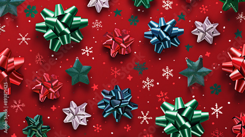 Wallpaper Mural Vibrant Holiday Gift Bows and Snowflakes. a festive arrangement of colorful gift bows and delicate snowflakes against a rich red background. composition exudes holiday cheer and symbolizes the joy of  Torontodigital.ca
