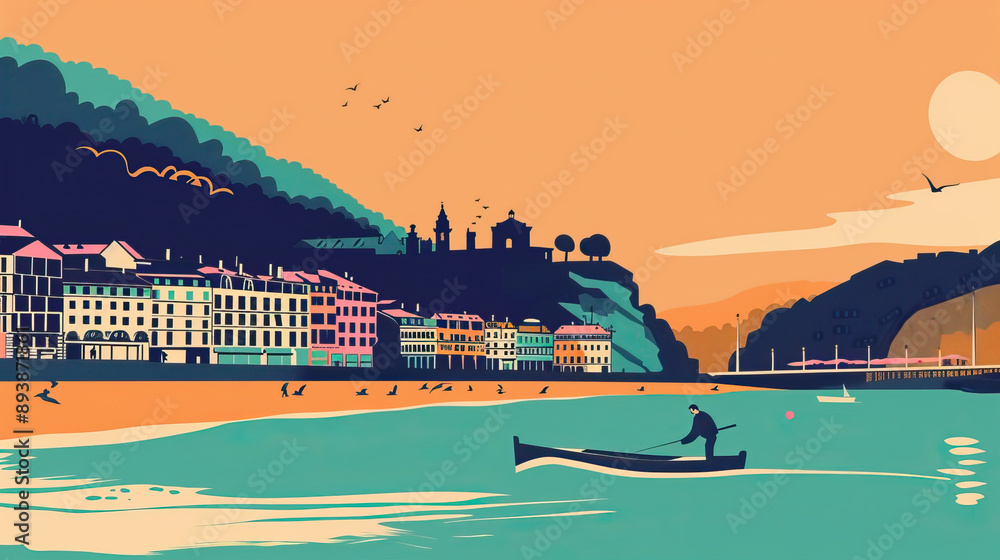 Obraz premium Risograph halftone riso print travel poster, card, wallpaper or banner illustration, modern, isolated, clear, simple of San Sebastián, Spain. Artistic, screen printing, stencil