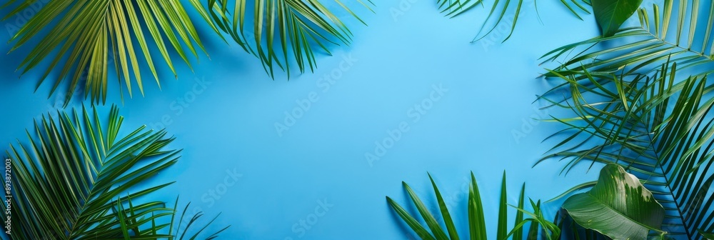Palm leaves arranged on a blue background create a summery composition Palm leaves arranged on a blue background create a summery composition