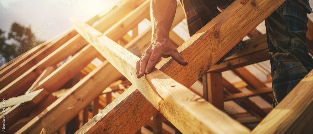 A craftsman carefully measures and places wooden beams while constructing a sturdy house frame under bright sunlight. A craftsman carefully measures and places wooden beams while constructing a sturdy house frame under bright sunlight.
