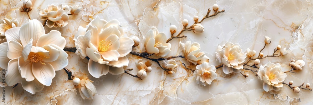 Intricate white flowers on a branch with a marble background. Perfect for adding a touch of elegance to any room Intricate white flowers on a branch with a marble background. Perfect for adding a touch of elegance to any room