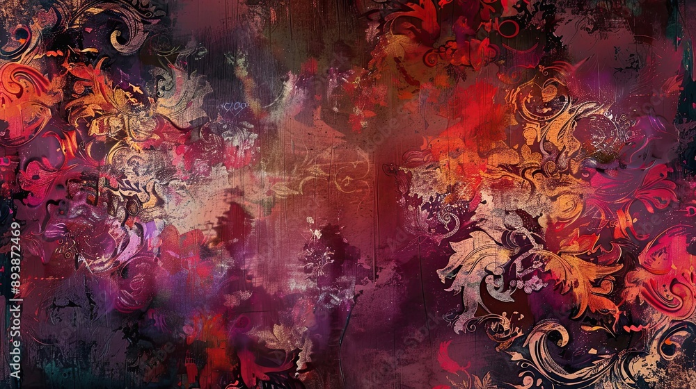 Fototapeta premium Detailed wallpaper with rich hues liquid textures and delicate damask patterns
