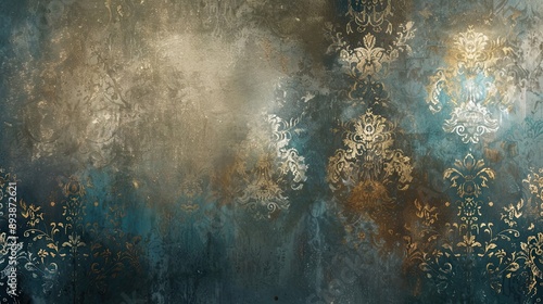 Fototapeta Naklejka Na Ścianę i Meble -  Vintage-inspired wallpaper with deep colors damask patterns and glowing light