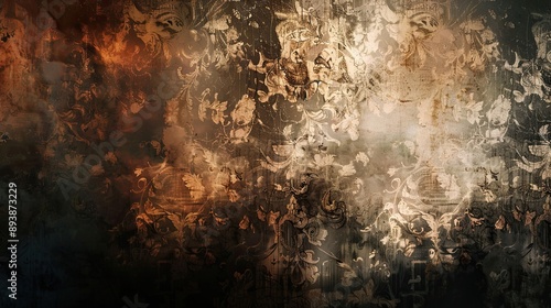 Dark toned wallpaper with vintage damask patterns and a soft glowing vignette backdrop