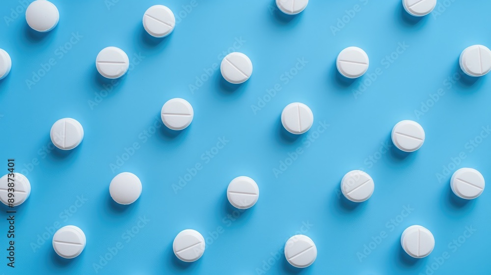 Top view of seamless arrangement of round white medical pills on blue surface Top view of seamless arrangement of round white medical pills on blue surface