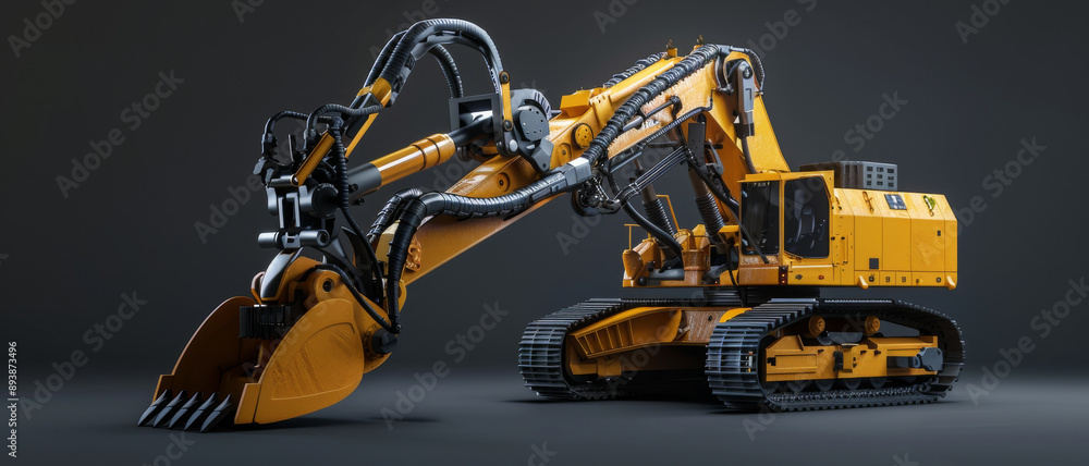 A yellow, intricate excavator with extended mechanical arm displayed against a simple, dark background. A yellow, intricate excavator with extended mechanical arm displayed against a simple, dark background.