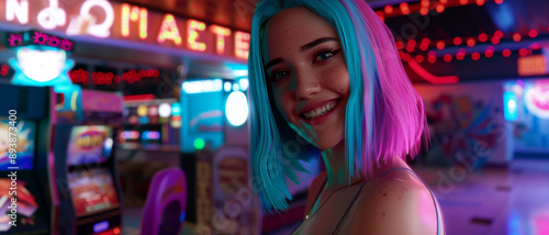 Wallpaper Mural A woman with vibrant blue and pink hair stands cheerfully in front of neon-lit arcade machines, exuding playful energy and excitement. Torontodigital.ca