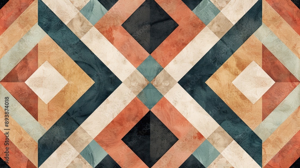 Fototapeta premium Abstract background with retro geometric elements ceramic tiles and symmetrical patterns