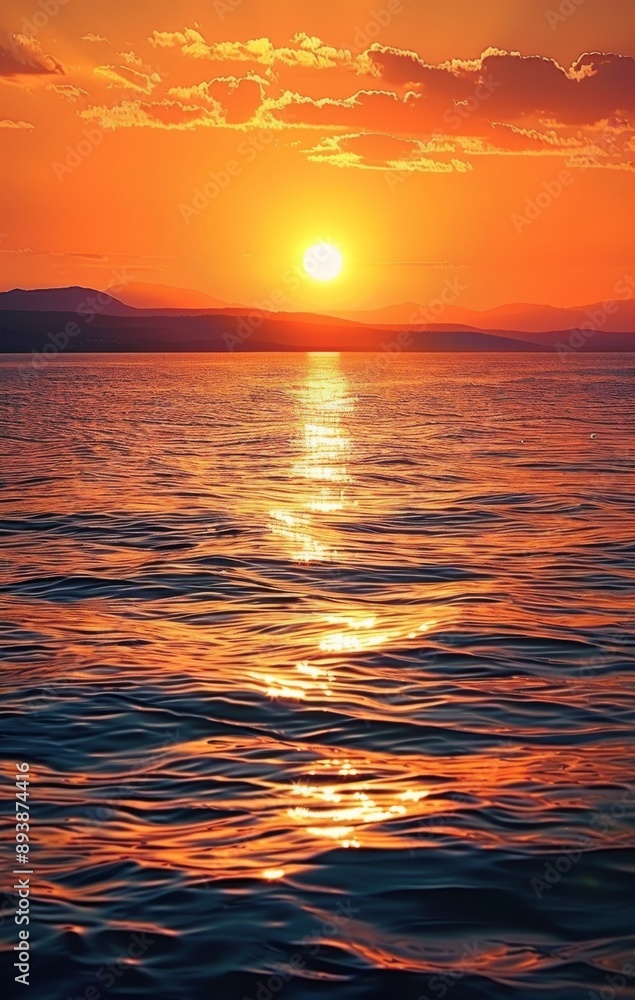 vast ocean, with the sunset setting in the west, an orange sky and red sun, over a calm sea surface vast ocean, with the sunset setting in the west, an orange sky and red sun, over a calm sea surface