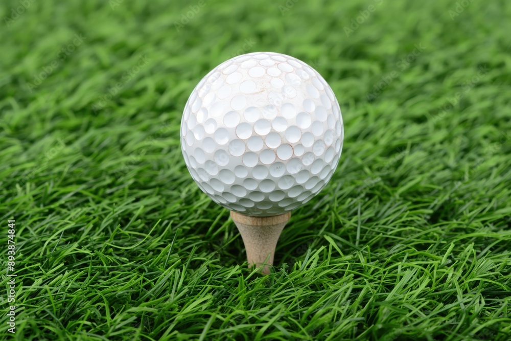 A studio close-up photo white golf ball on a golf tee, sitting on green grass. Space for copy. Golf and leisure concept. A studio close-up photo white golf ball on a golf tee, sitting on green grass. Space for copy. Golf and leisure concept.