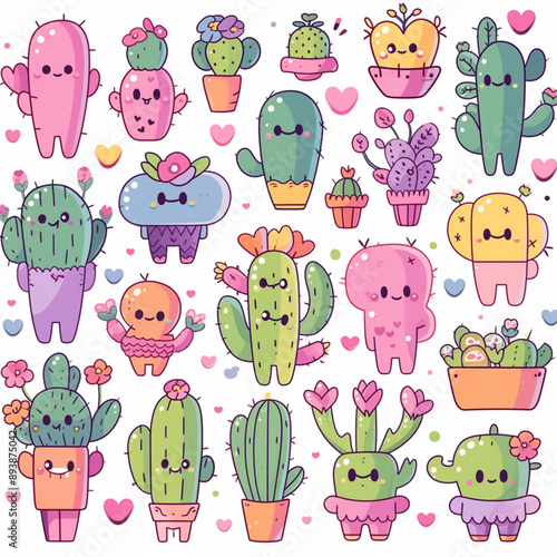 set of cute cartoon cactus in pots stickers