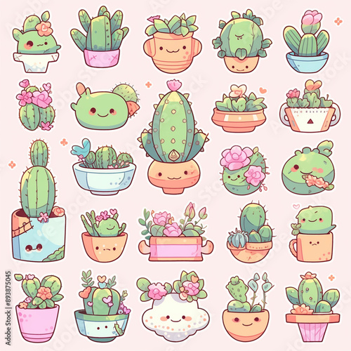 set of cute cartoon cactus in pots stickers