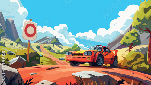 Rally Car at the Starting Line Cartoon Background Environment for Adventure Race Track Setting Exciting Racing Scene Car Illustration Graphic Design Elements Speed Competition