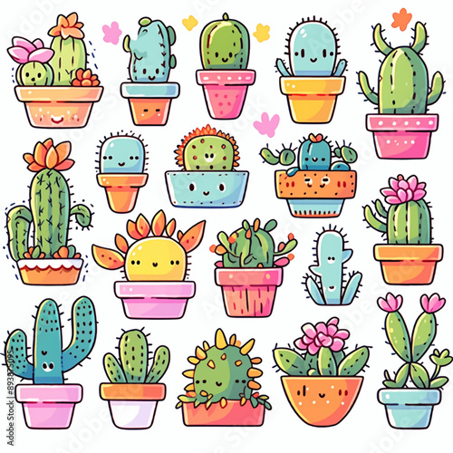 set of cute cartoon cactus in pots stickers