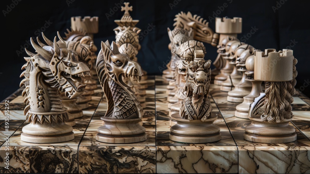 A wooden chess set with intricate dragon designs for each piece sits on a board with a marble finish A wooden chess set with intricate dragon designs for each piece sits on a board with a marble finish