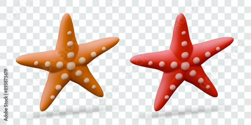 Set of starfish of different colors. Isolated realistic models in floating position