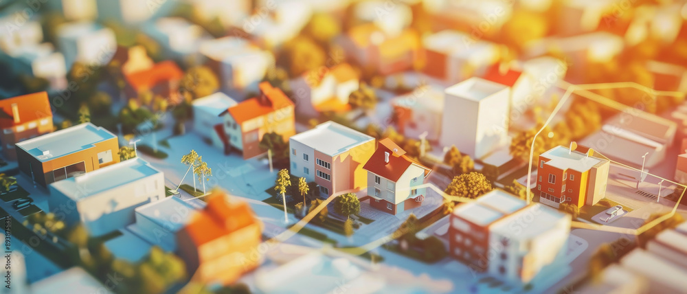 A vibrant, miniature model of a suburban neighborhood bathed in warm, late afternoon sunlight, showcasing houses, trees, and streets. A vibrant, miniature model of a suburban neighborhood bathed in warm, late afternoon sunlight, showcasing houses, trees, and streets.