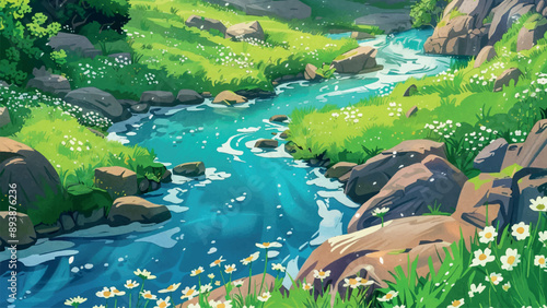 River Flowing Through Green Meadows Environment for Adventure Mobile Game Scenic Cartoon Landscape Lush Grasslands Serene Waterway Vibrant Nature Outdoor Exploration Pastoral