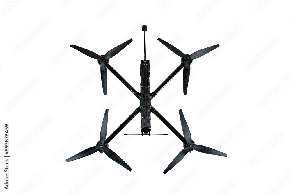 Modern FPV drone on a white back. Four-engine aircraft on the radio control. Drone for racing, filming and entertainment. Modern FPV drone on a white back. Four-engine aircraft on the radio control. Drone for racing, filming and entertainment.