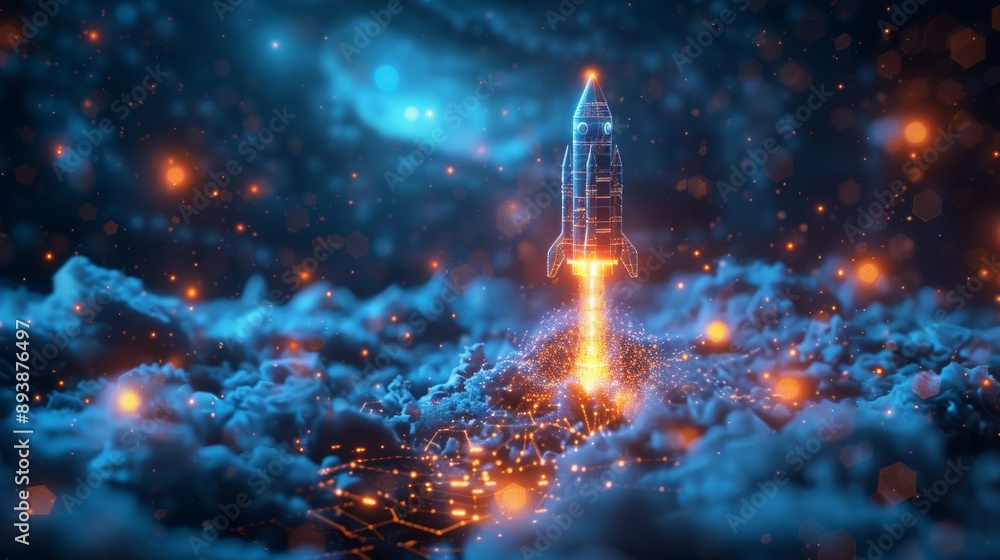 The growth graph chart with a launch rocket on a technology blue ...