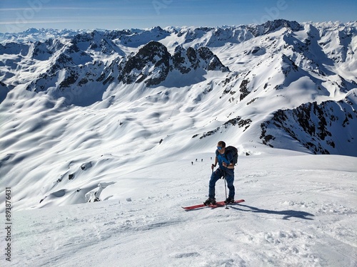 Ski mountaineering on the Schwarzhorn in the Davos Klosters Mountains. Fantastic ski tour above the Flüela Pass with breathtaking views. Skimo Skitour in  the Swiss Alps. High quality photo photo