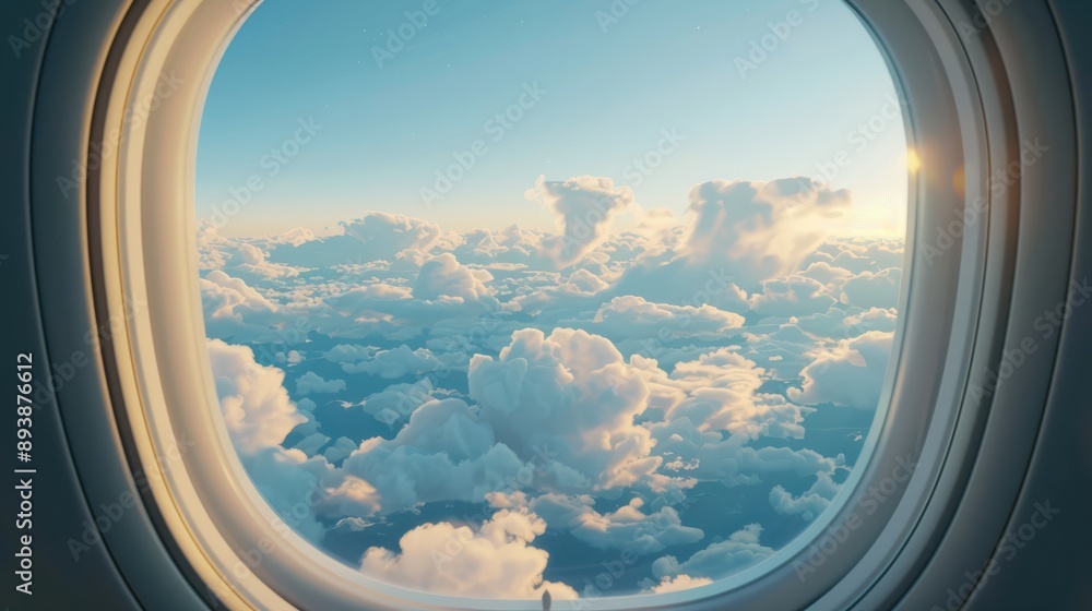 Scenic view through an airplane window with blue sky and white clouds representing wanderlust and exploration. Scenic view through an airplane window with blue sky and white clouds representing wanderlust and exploration.