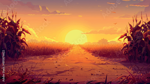 Road Against Background of Cornfield with Sun Setting Cartoon Environment Countryside Sunset Nature Illustration Rural Landscape Farming Scene Golden Hour Tranquil Atmosphere