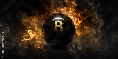A black pool 8 ball, merge with a little golden material, Soft smoke, in black background, with copy space