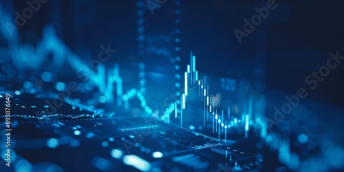 A business candlestick banner graph chart of stock market investment trading on blue digital background, bullish point ,upward trend, financial analytics concept of monochrome graph diagram like sky