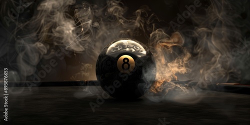 A black pool 8 ball, merge with a little golden material, Soft smoke, in black background