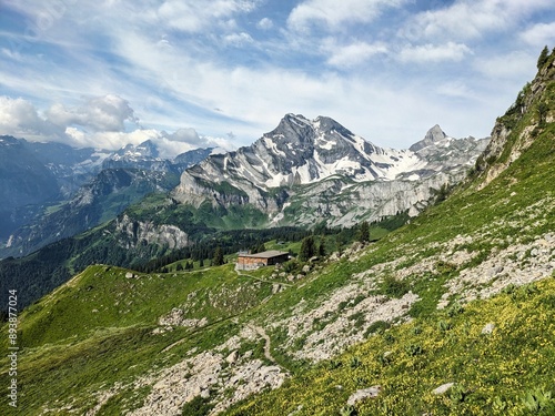 View from below the Eggstock in Braunwald. Cool climbing route over the Eggstock in Glarus Switzerland. High quality photo.