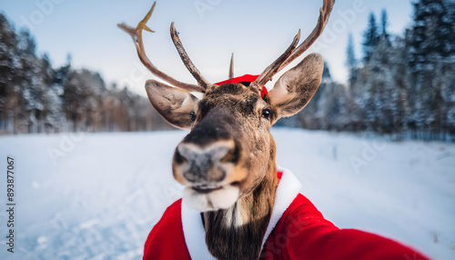 rentier, claus, santa, kostüm, mütze, macht, selfie, scheen, landschaft, portrait, close up, neu, spaßig, Weihnachtsmann, weihnachten, christmas, karte, xmas, tier, copy space, surreal, bizarre, kunst