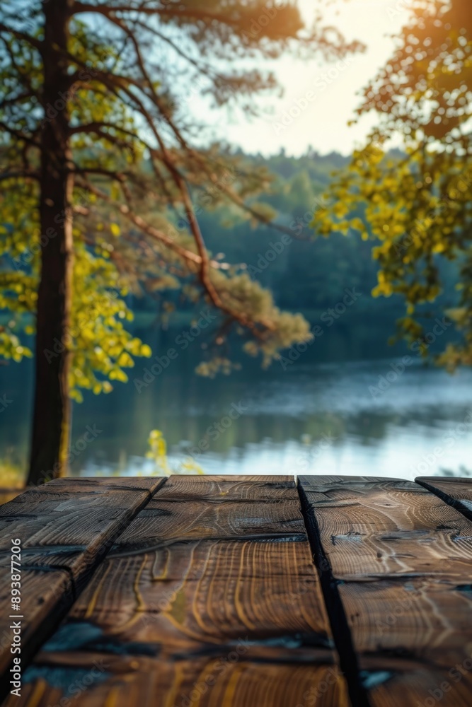 Naklejka premium Peaceful lake scene at sunset with wooden bench, trees, and calm water. Perfect spot for relaxation or outdoor activities.
