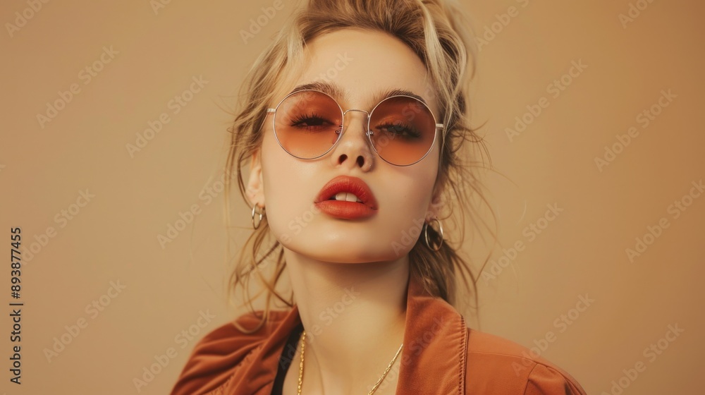 Portrait of a young woman wearing sunglasses and fashionable accessories, with bold lips. The image captures a trendy urban lifestyle. Portrait of a young woman wearing sunglasses and fashionable accessories, with bold lips. The image captures a trendy urban lifestyle.