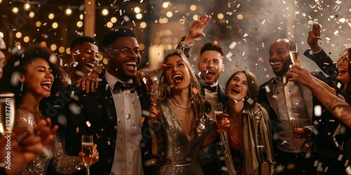The festive gathering unites a diverse group of people, delighting in socializing, dancing, and laughter amid colorful confetti and lights, fostering a vibrant and joyous atmosphere