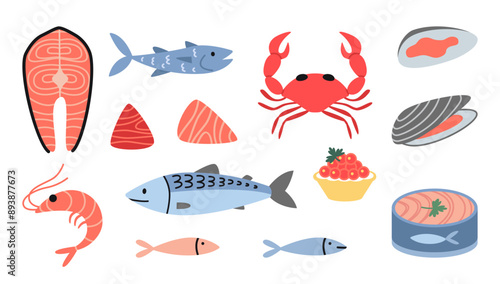 Seafood set, Marine animal like salmon, tuna, shrimp, crab and mussel. Fresh fish, canned food, meat and steaks. Trendy vector illustration isolated on white, hand drawn, flat design