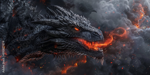 Big black dragon near the black castle wall, fire, top view, realism