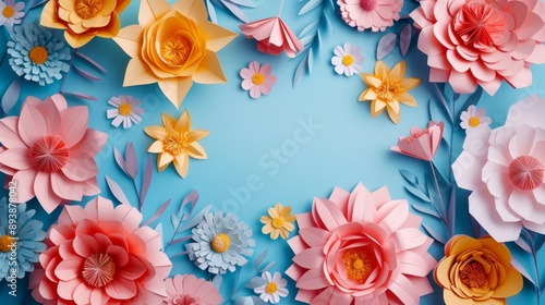 Wallpaper Mural A collection of colorful paper flowers arranged on a light blue background Torontodigital.ca