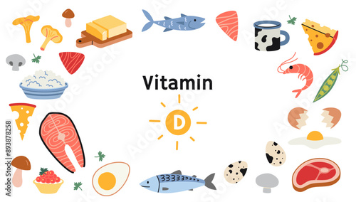 Frame with Best sources of vitamin D foods. Sea food, fish, meat, dairy products, eggs and vegetables set. Isolated vector illustration, hand drawn, flat design