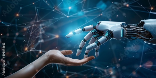 Concept of Artificial intelligence, AI robot, human, idea, development, think, futuristic technology transformation, science, robotic hand, connection with human hand and robot technology development photo