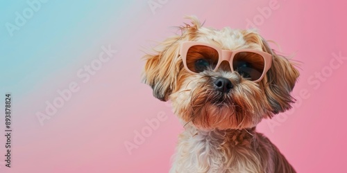cute Dog with fashion sunglasses studio background shot, with copy space, premium stock