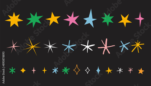 Various stars, sparks and snowflakes set. Party, Christmas, birthday decoration in vibrant colors. Trendy modern vector illustration, hand drawn with textured effect, flat design