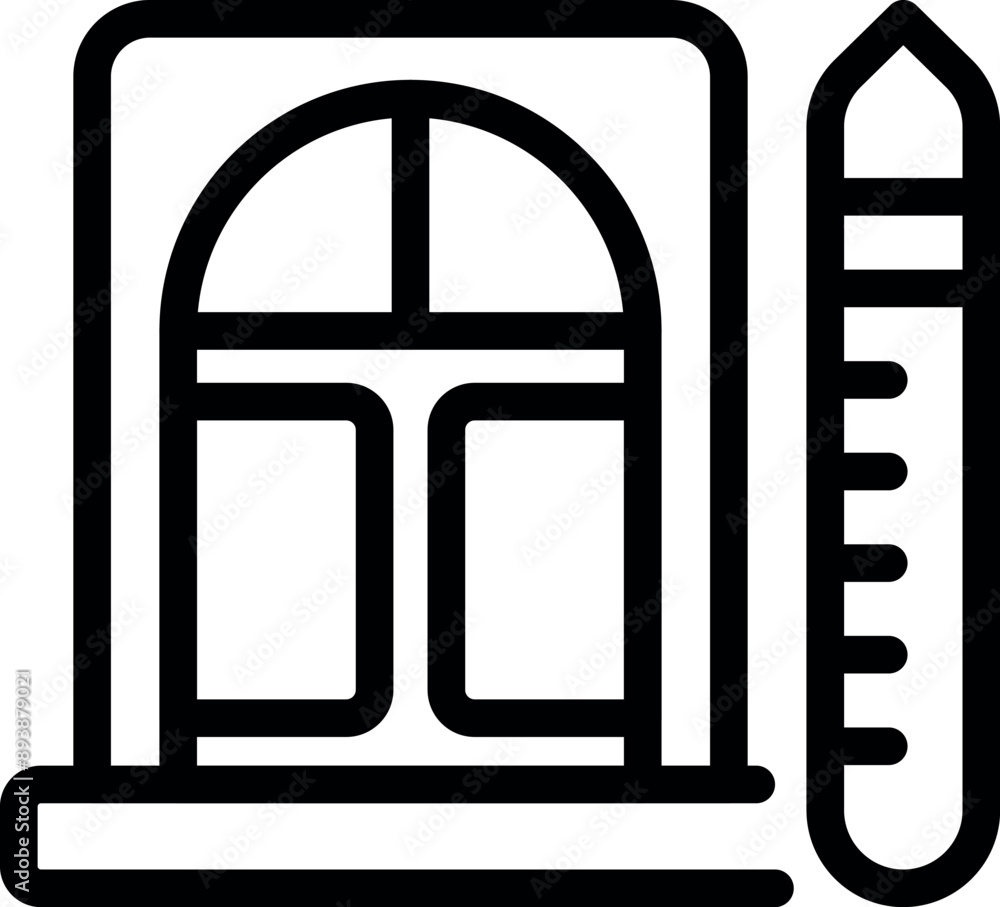 Line icon of a window with a measuring tape, representing an architect taking measurements Line icon of a window with a measuring tape, representing an architect taking measurements