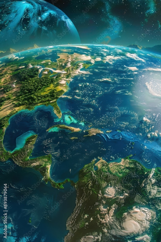 Fototapeta premium Digital artwork of Earth from space, showing a panoramic view of the planet with oceans, continents and clouds.