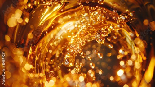 Obraz na płótnie Golden beer liquid swirling and splashing, creating bubbles and bokeh w salonie
